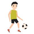 Funny little boy dressed in sportswear playing football or soccer isolated on white background. Sports game, physical Royalty Free Stock Photo