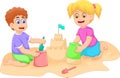 Funny little boy and girl cartoon playing sand Royalty Free Stock Photo