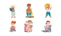 Funny Little Boy and Girl with Open Book Reading and Fantasizing Vector Illustration Set Royalty Free Stock Photo