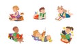 Funny Little Boy and Girl with Open Book Reading and Fantasizing Vector Illustration Set Royalty Free Stock Photo