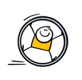 Funny little boy is having fun, playing game, rolling in a wheel. A vector illustration of a stickman in a circus shows