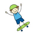 Funny little boy in a helmet rides a skateboard. Cute kid drawing. Royalty Free Stock Photo