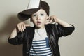 Funny little boy.Hip-Hop Style. fashion children.Surprised emotion Royalty Free Stock Photo