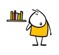 Funny little boy in the library looks at a shelf with books and chooses to read. Vector illustration a customer in a