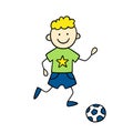 Funny little boy playing ball. Cute kid drawing. Hand drawn vector illustration in doodle style Royalty Free Stock Photo