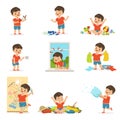 Funny little boy playing games and making mess