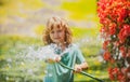 Funny little boy playing with garden hose in backyard. Child having fun with spray of water on yard nature background Royalty Free Stock Photo