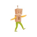 Funny little boy playing in robot. Cheerful kid in costume made of cardboard boxes. Happy childhood. Flat vector design