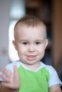 Funny little boy showing emotions, laughing. Caucasian child 2 years old. Closeup portriat.