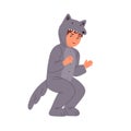 Funny little boy wearing wolf costume at childish carnival or theme party vector flat illustration. Cute male child in