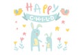 Funny little bunny with mother, blue ribbon, birds and flowers. Happy rabbit with child. Cartoon flat vector design for