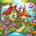 Funny little cartoon house with flowers around, fairytale small cottage