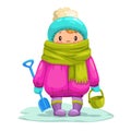 Funny little cartoon kid with toy bucket and shovel. Royalty Free Stock Photo