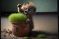 Funny little cat playing with grass in pot. Cat destroys pot, AI generated