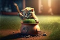 Funny little cat playing with grass in pot. Cat destroys pot, AI generated
