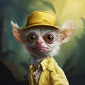 Cartoon Tarsier With Yellow Shirt And White Hat