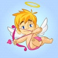 Funny little Cupid aiming at someone with an arrow of love. Cartoon illustration of a Valentine`s Day. Royalty Free Stock Photo