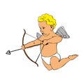 Funny little Cupid aiming at someone with an arrow of love. Cute little cupid shoots a bow. Illustration of a Valentine Royalty Free Stock Photo