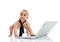 Funny little cute baby businessman with computer Royalty Free Stock Photo