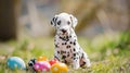 A funny little Dalmatian puppy that looks like he just painted some Easter eggs. AI Generative