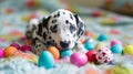 A funny little Dalmatian puppy that looks like he just painted some Easter eggs. AI Generative