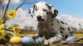 A funny little Dalmatian puppy that looks like he just painted some Easter eggs. Generative AI