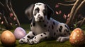A funny little Dalmatian puppy that looks like he just painted some Easter eggs. Generative AI