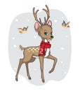 Funny little deer with red scarf on snowy background. Children`s cartoon illustration for print or sticker. Wild forest animals. Royalty Free Stock Photo