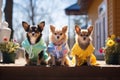 Funny little dogs in pet outwear sit on veranda on sunny spring day. Three fashionable dogs on porch of house