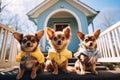 Funny little dogs in pet outwear sit on veranda on sunny spring day. Three fashionable dogs on porch of house