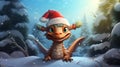 Funny little dragon in winter forest, happy cute baby character in Christmas holiday. Smiling fairy animal on snow background.