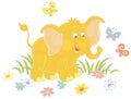 Funny little elephant playing with merry butterflies