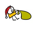 Funny little elf, Santa Claus assistant drags a huge bag of gifts for the Christmas holiday. Vector illustration of a