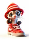 Funny little ferret in a hat sits in a big red sneaker Royalty Free Stock Photo