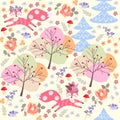 Funny little foxes play in the autumn forest among trees and flowers. Seamless patchwork pattern in vector