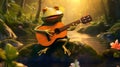 Funny little frog playing a guitar in the forest