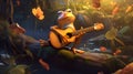 Funny little frog playing a guitar in the forest