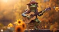 Funny little frog playing a guitar in the forest