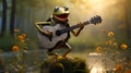 Funny little frog playing a guitar in the forest