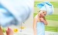 Funny little girl cleans teeth with toothbrush in bathroom Royalty Free Stock Photo