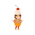 Funny little girl dressed as cupcake with whipped cream and cherry. Cute costume. Sweet snack. Flat vector design Royalty Free Stock Photo