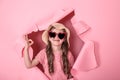 Funny little girl with glasses on colored background Royalty Free Stock Photo