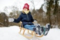 Funny little girl having fun with a sleigh in beautiful winter park. Cute child playing in a snow. Royalty Free Stock Photo