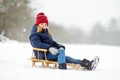 Funny little girl having fun with a sleigh in beautiful winter park. Cute child playing in a snow. Royalty Free Stock Photo