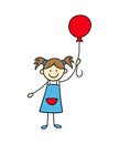 Funny little girl holds a balloon. Cute kid drawing. Hand drawn vector illustration Royalty Free Stock Photo