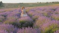 Little girl joyfully get fleeing and happy jumping beautiful place outdoors countryside.