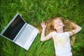 Funny little girl with laptop Royalty Free Stock Photo