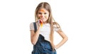 Funny little girl painted face posing over white background Royalty Free Stock Photo