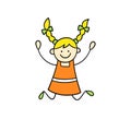 Funny little girl with pigtails jumps. Cute kid drawing. Hand drawn vector illustration Royalty Free Stock Photo