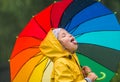 Funny little girl playing in the garden under the autumn rain. Kid wearing yellow waterproof coat and boots holding